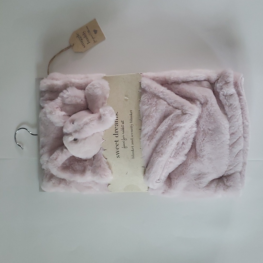 NEW Sweet Dreams Baby Girl Pink Faux Fur Blanket + Elephant Security Blanket Set